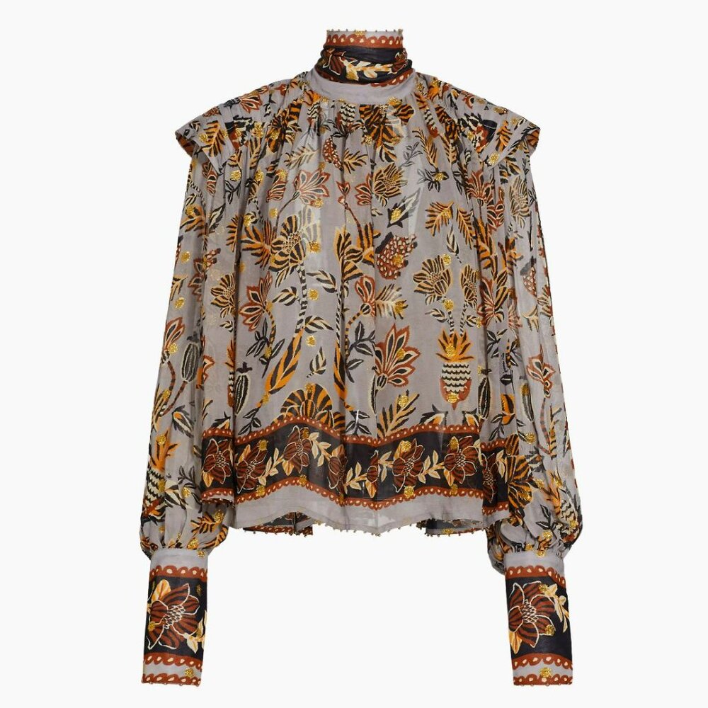 Farm Rio  Floral Tapestry Embroidered Bishop-Sleeve Blouse - Picture 3 of 10